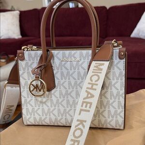 Michael Kors Beige/Chestnut Signature Canvas Satchel with Logo Strap